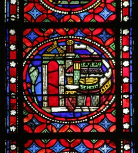 Window depicting Scene from the life of Saint Bonnet: the New Monastery at Menat, rebuilt after a fire and blessed by the saint by French School